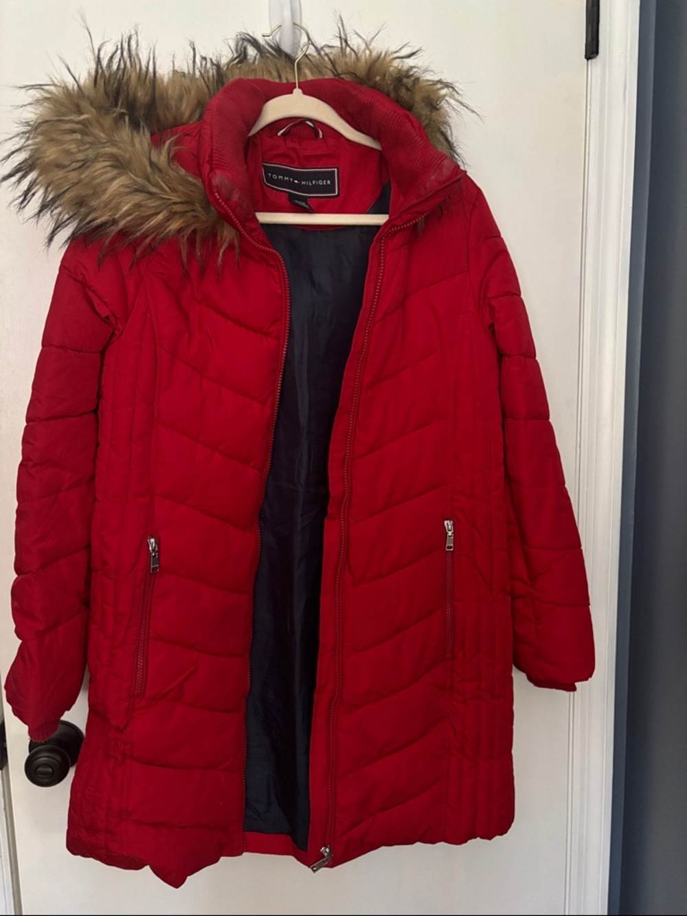 Tommy Hilfiger Red Quilted Puffer Jacket with Faux Fur-Trim Hood